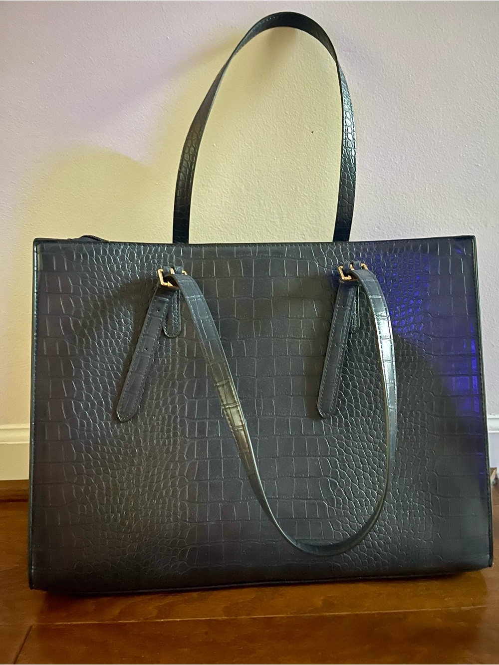 Like New Navy Blue Croc Embossed Laptop Tote Bag | Faux Leather Work Business